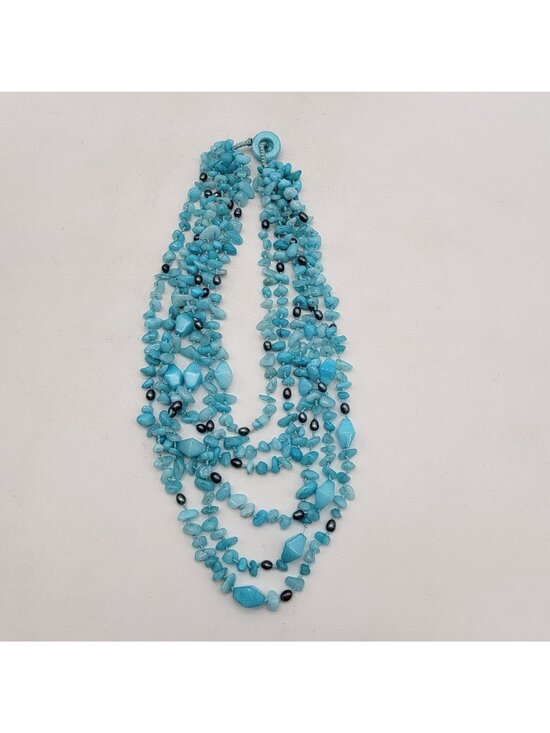 Artisan Blue Caribbean Quartz Gemstone & Peacock Pearls Multi-Strand Necklace